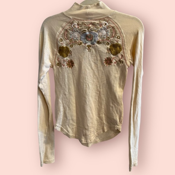 Free People Embroidered Floral Mock Neck Top Boho Long Sleeve Cream - Picture 4 of 5